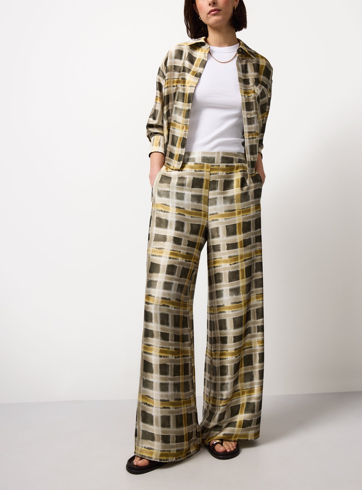 Yellow Checked Balloon Ultra Wide Leg Satin Trousers 10 - Image 1 thumbnail